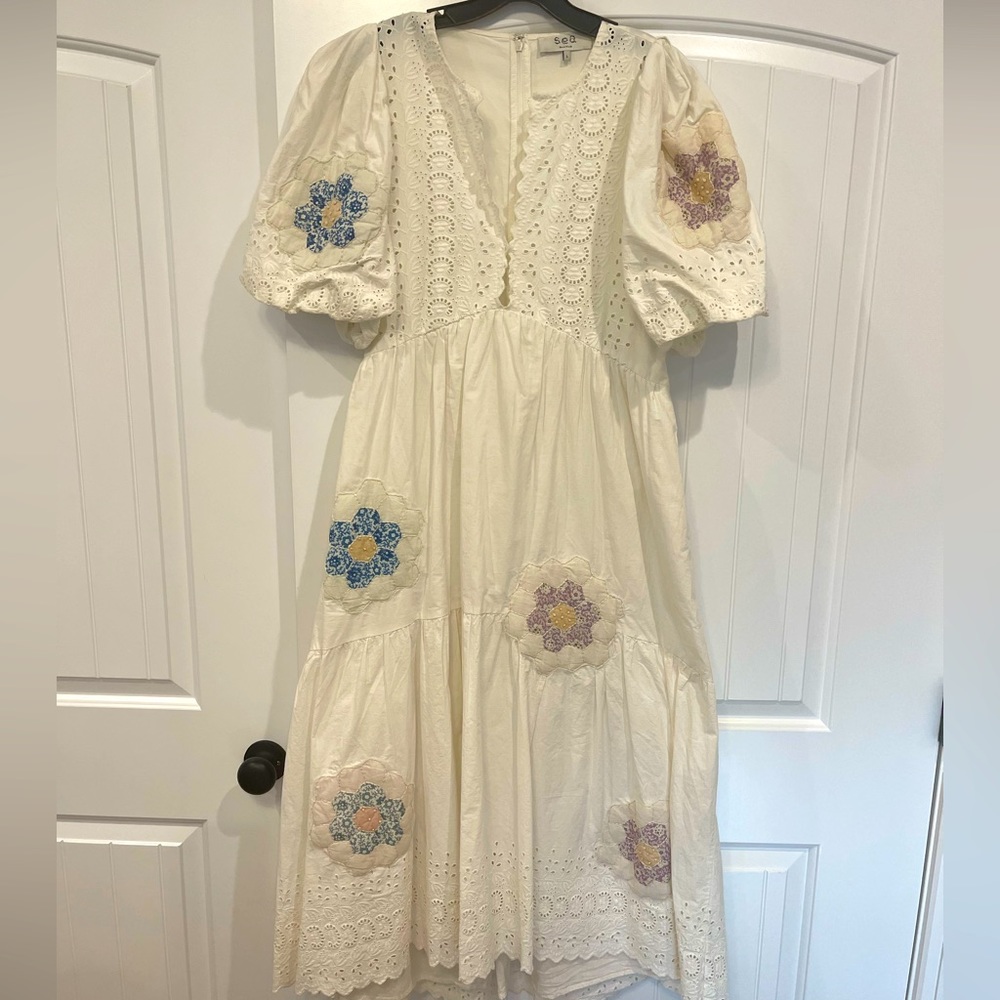 Sea New York White Violette Patch Puff Sleeve MIDI Dress L.